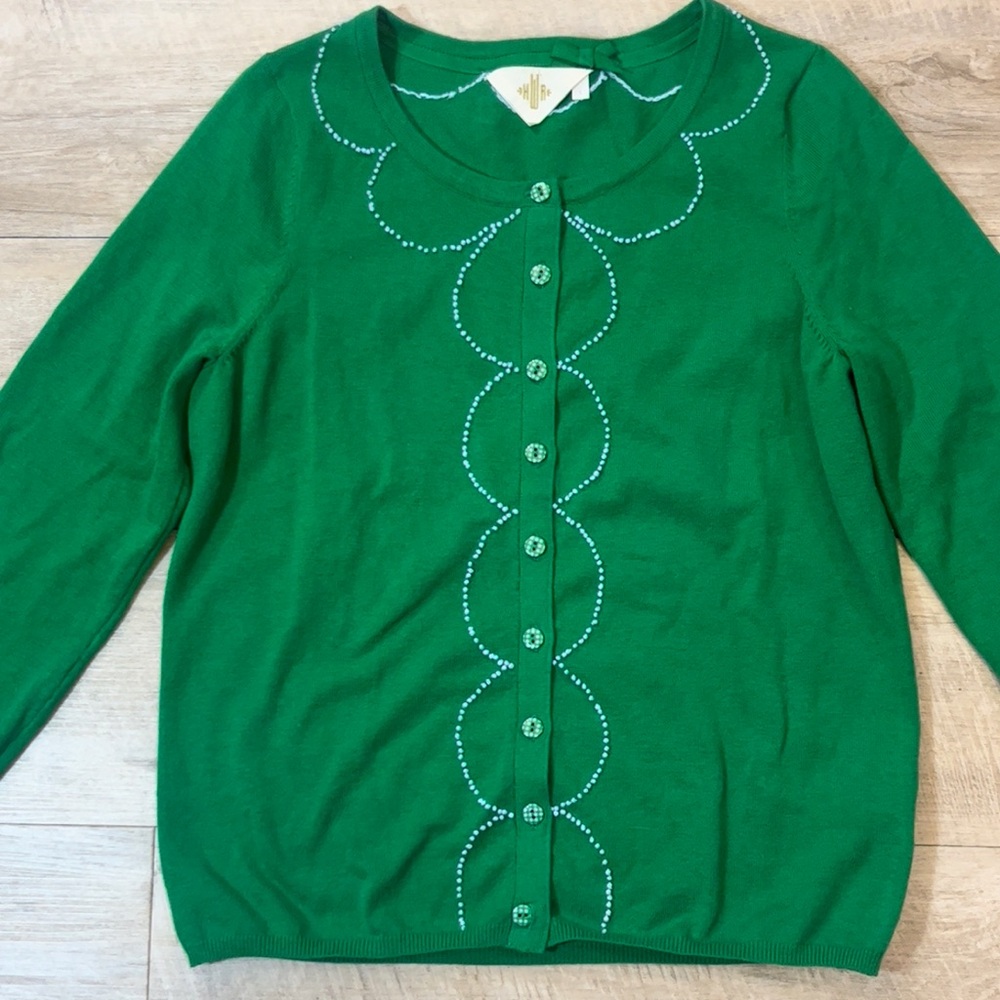 Anthropologie HWR Women’s Kelly Green Gingham Buttons Cashmere Blend Cardigan L - Picture 2 of 6